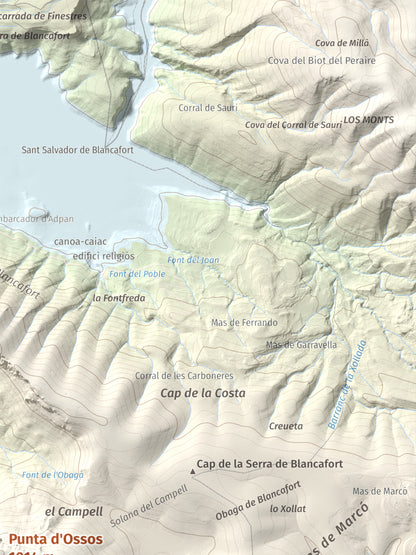 Mapa de relieve de Punta d'Ossos, 1014 m, Noguera, lámina 100 Cims de Trobart. Detalle de la zona superior derecha. 30 × 40 cm.