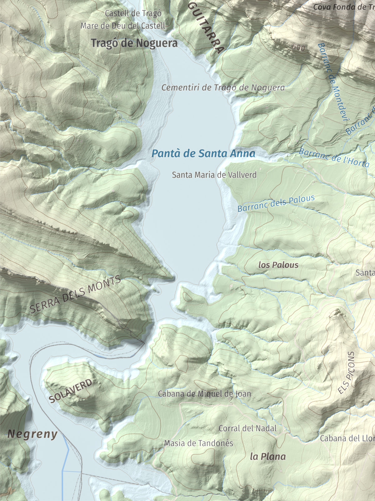 Mapa de relieve de Punta d'Ossos, 1014 m, Noguera, lámina 100 Cims de Trobart. Detalle de la zona inferior izquierda. 30 × 40 cm.