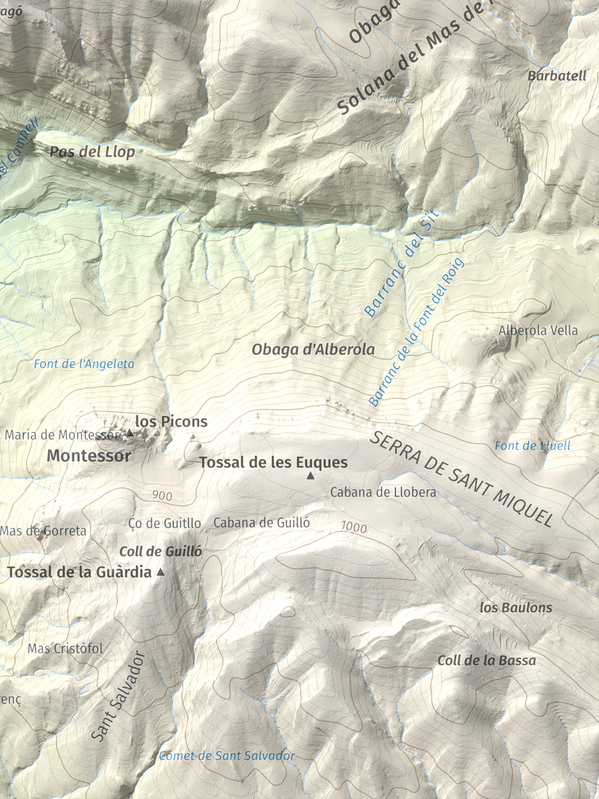 Mapa de relieve de Punta d'Ossos, 1014 m, Noguera, lámina 100 Cims de Trobart. Detalle de la zona inferior derecha. 30 × 40 cm.