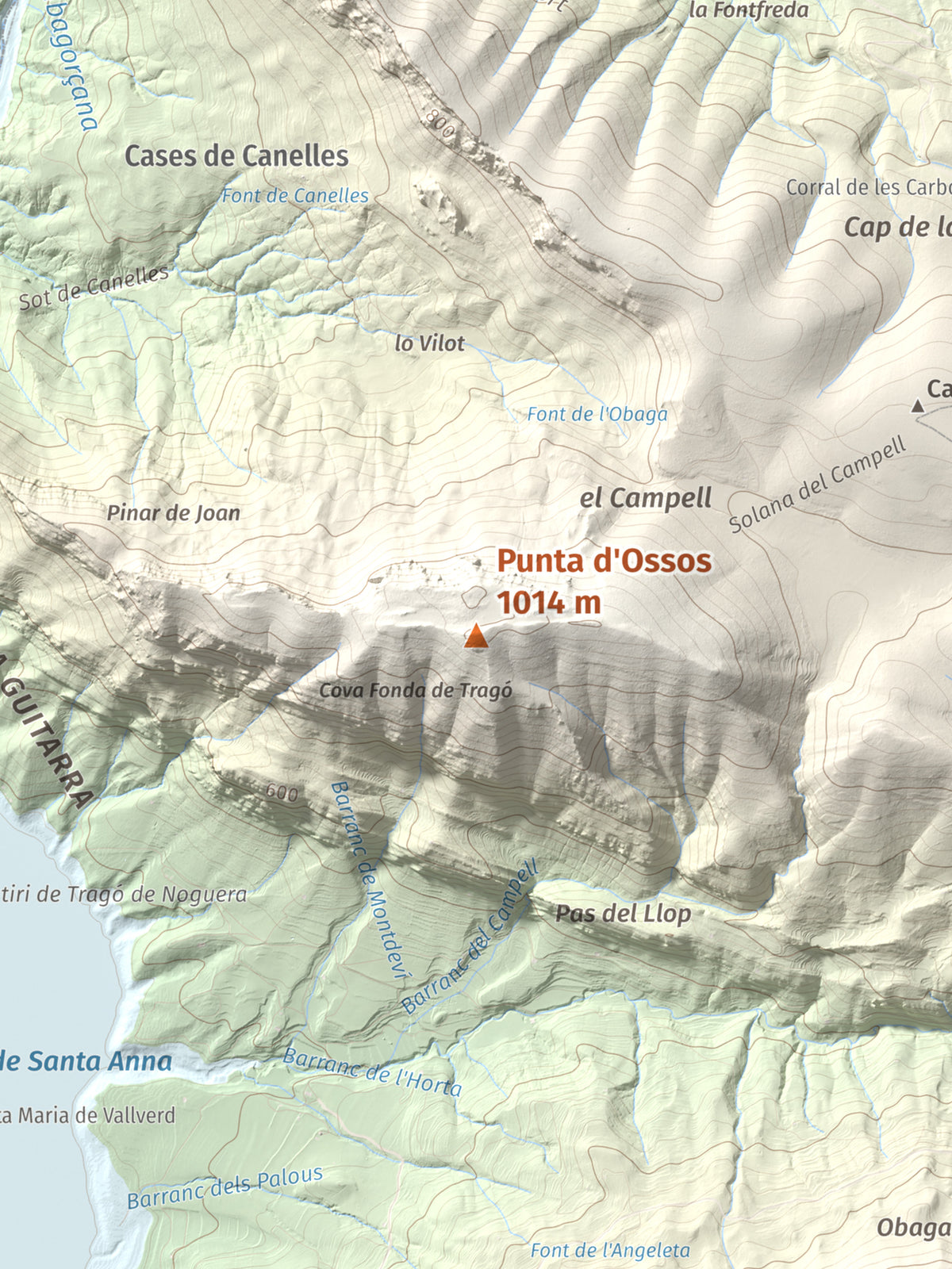 Mapa de relieve de Punta d'Ossos, 1014 m, Noguera, lámina 100 Cims de Trobart. Detalle de la zona central. 30 × 40 cm.