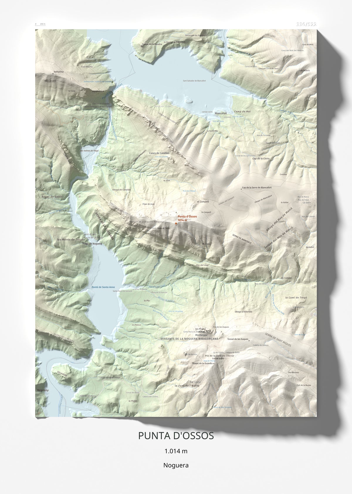 Mapa de relieve de Punta d'Ossos, 1014 m, Noguera, lámina 100 Cims de Trobart 50 × 70 cm.
