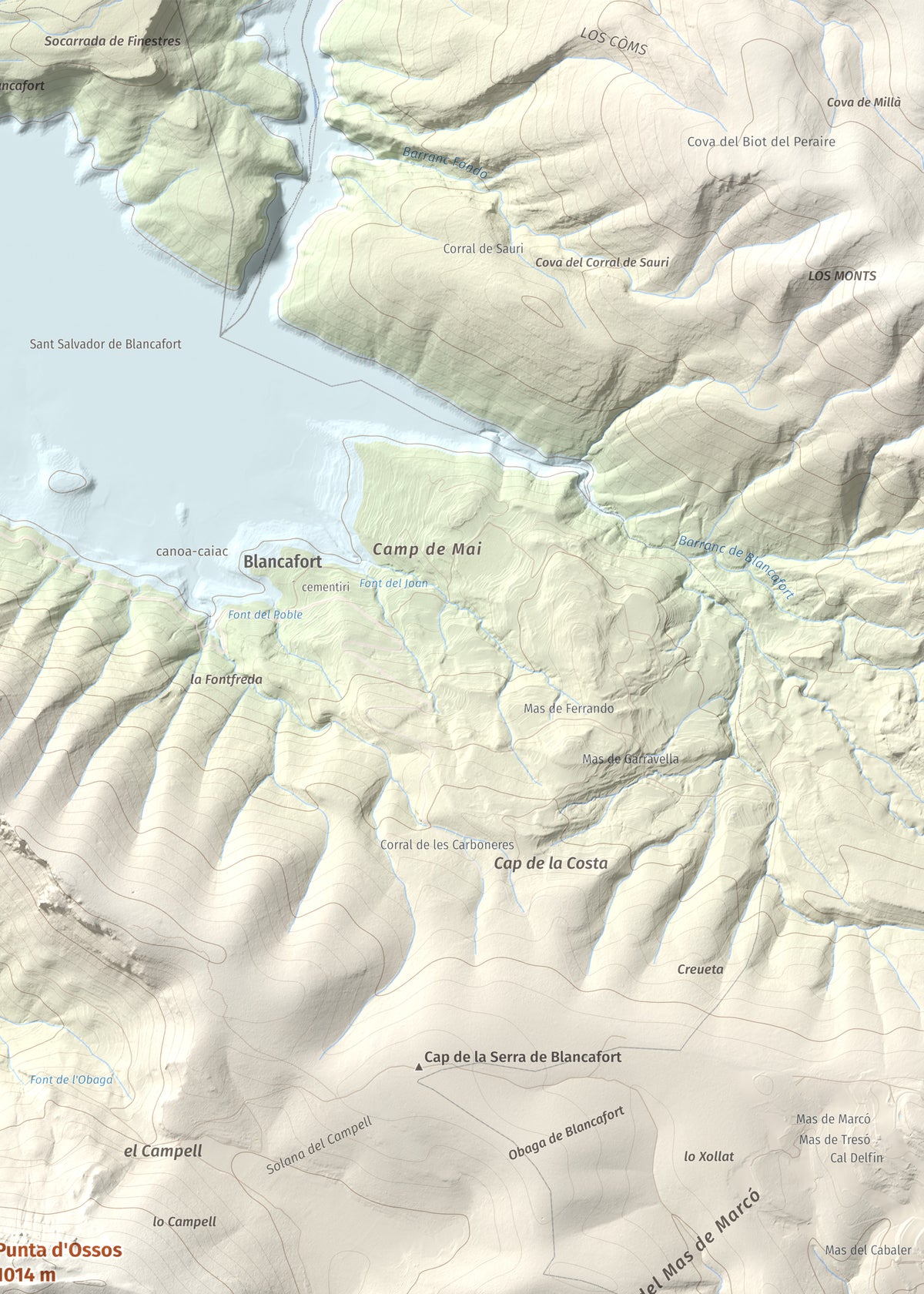Mapa de relieve de Punta d'Ossos, 1014 m, Noguera, lámina 100 Cims de Trobart. Detalle de la zona superior derecha. 50 × 70 cm.