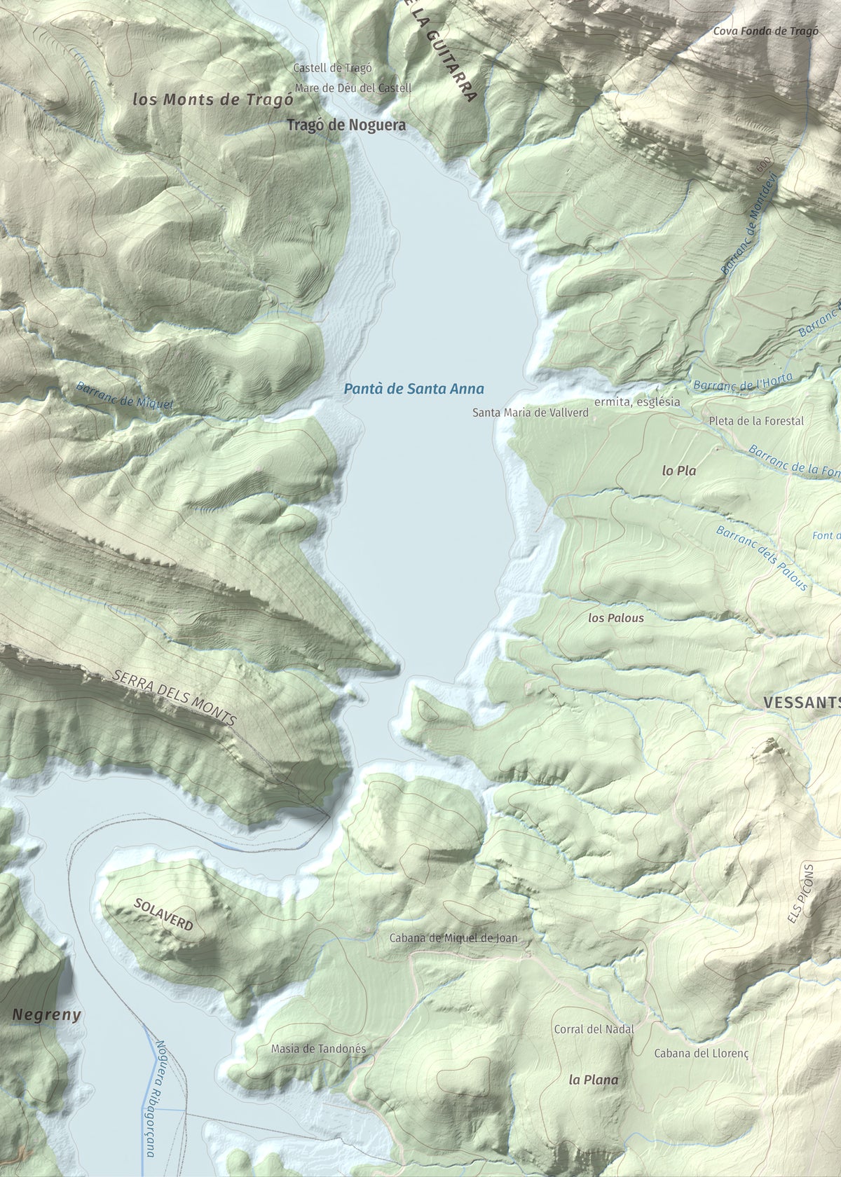 Mapa de relieve de Punta d'Ossos, 1014 m, Noguera, lámina 100 Cims de Trobart. Detalle de la zona inferior izquierda. 50 × 70 cm.