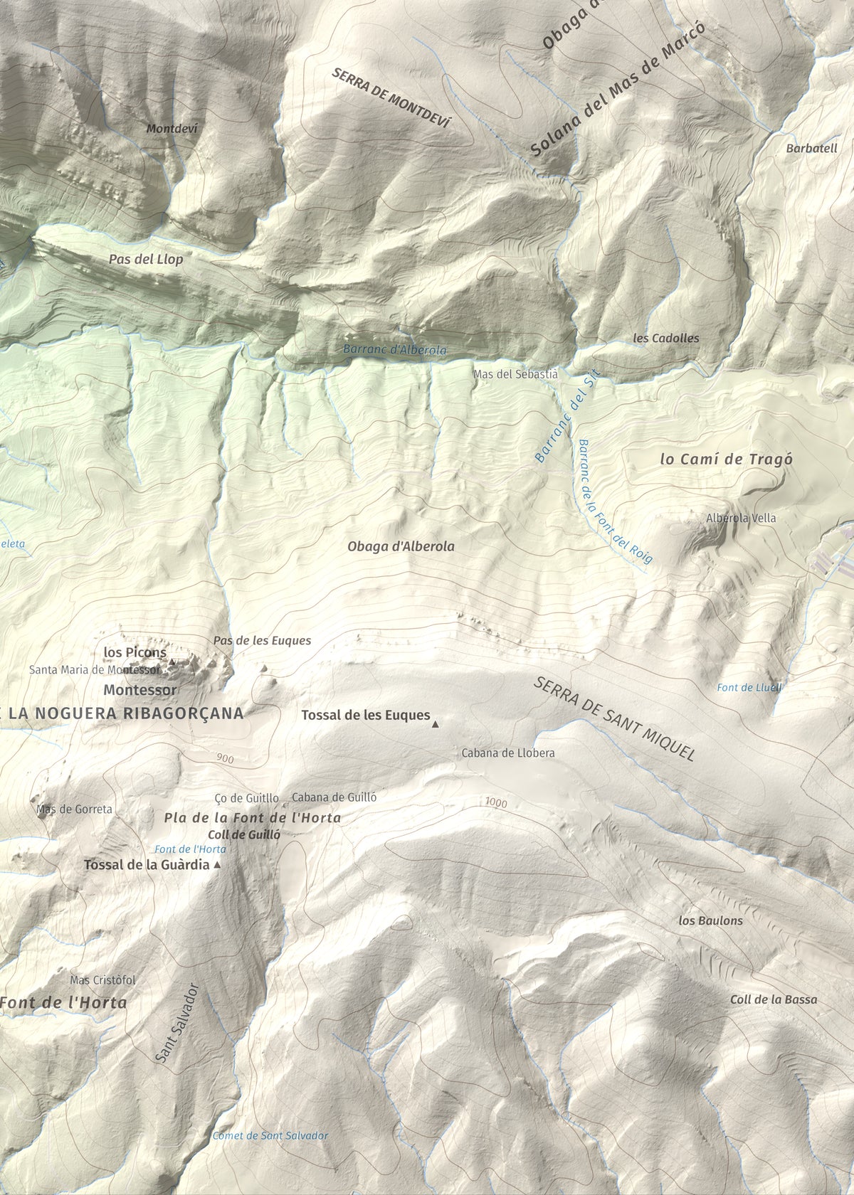 Mapa de relieve de Punta d'Ossos, 1014 m, Noguera, lámina 100 Cims de Trobart. Detalle de la zona inferior derecha. 50 × 70 cm.