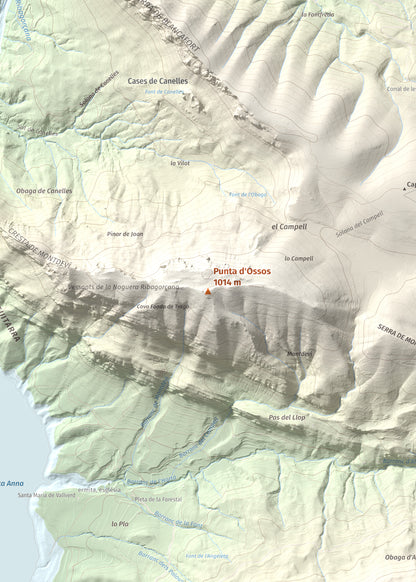 Mapa de relieve de Punta d'Ossos, 1014 m, Noguera, lámina 100 Cims de Trobart. Detalle de la zona central. 50 × 70 cm.