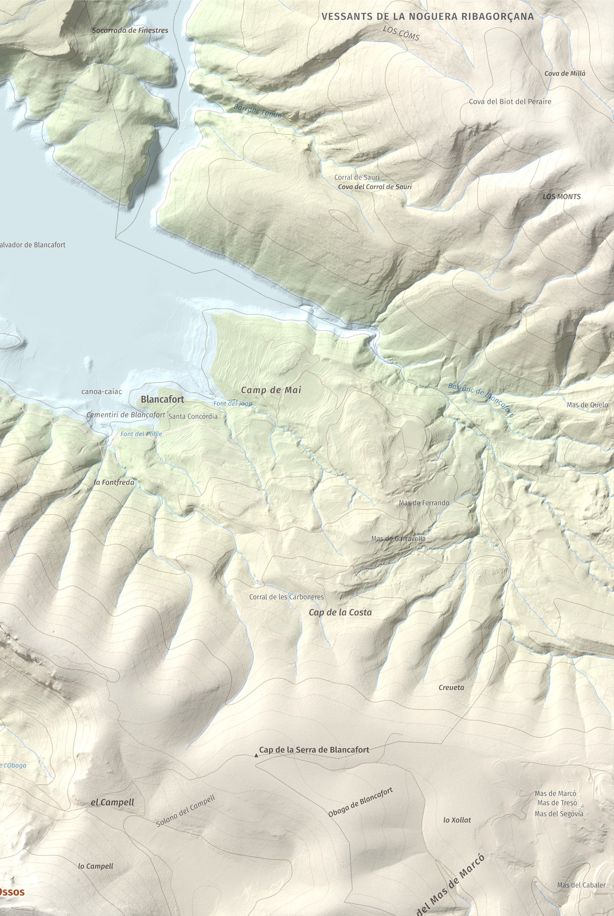Mapa de relieve de Punta d'Ossos, 1014 m, Noguera, lámina 100 Cims de Trobart. Detalle de la zona superior derecha. 61 × 91 cm.