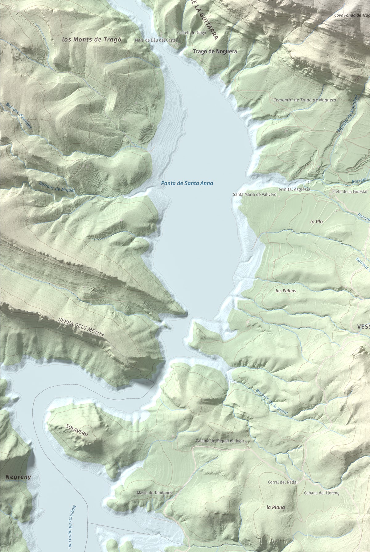 Mapa de relieve de Punta d'Ossos, 1014 m, Noguera, lámina 100 Cims de Trobart. Detalle de la zona inferior izquierda. 61 × 91 cm.