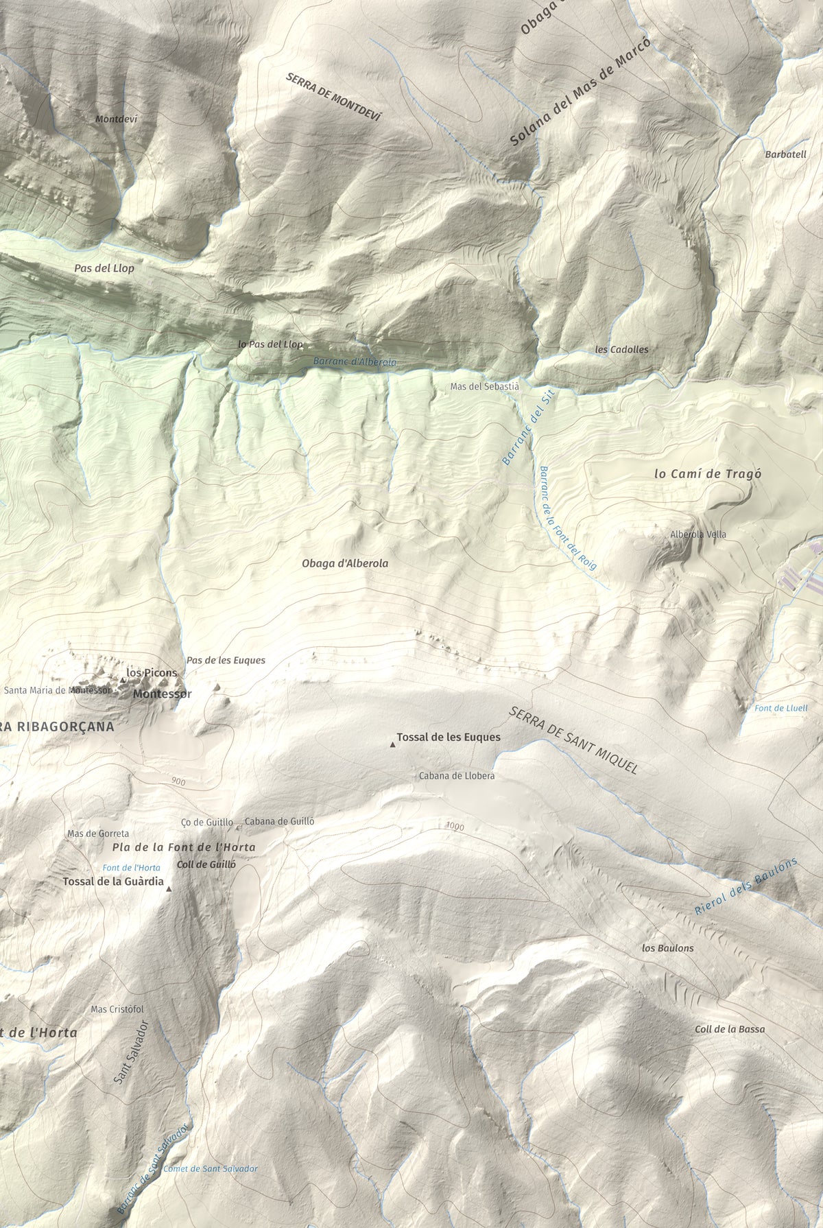 Mapa de relieve de Punta d'Ossos, 1014 m, Noguera, lámina 100 Cims de Trobart. Detalle de la zona inferior derecha. 61 × 91 cm.
