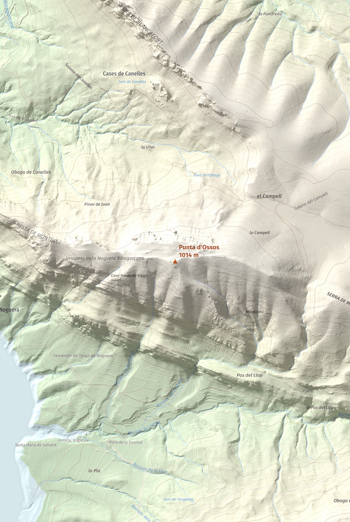Mapa de relieve de Punta d'Ossos, 1014 m, Noguera, lámina 100 Cims de Trobart. Detalle de la zona central. 61 × 91 cm.