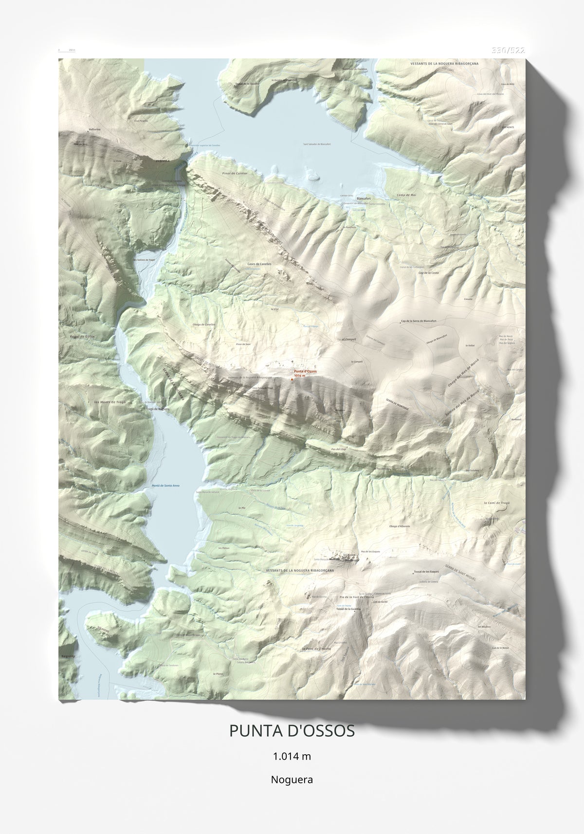 Mapa de relieve de Punta d'Ossos, 1014 m, Noguera, lámina 100 Cims de Trobart 70 × 100 cm.
