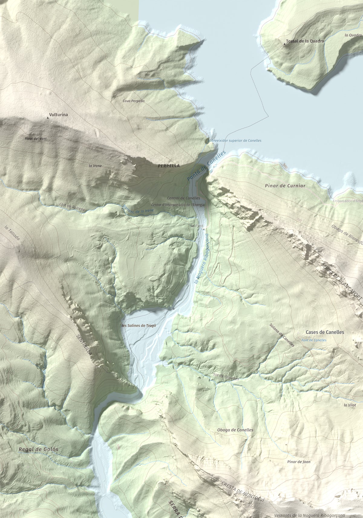 Mapa de relieve de Punta d'Ossos, 1014 m, Noguera, lámina 100 Cims de Trobart. Detalle de la zona superior izquierda. 70 × 100 cm.