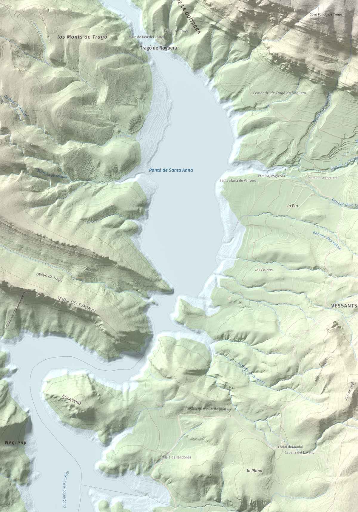 Mapa de relieve de Punta d'Ossos, 1014 m, Noguera, lámina 100 Cims de Trobart. Detalle de la zona inferior izquierda. 70 × 100 cm.
