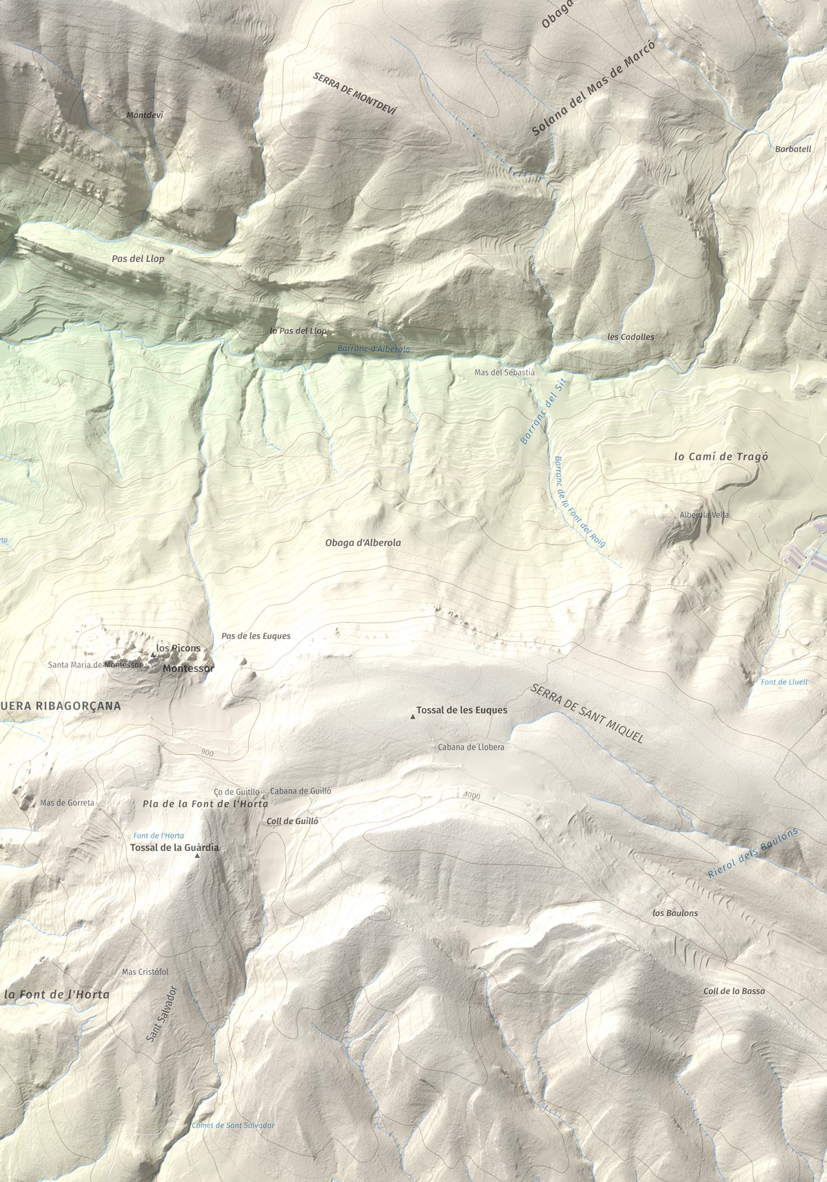 Mapa de relieve de Punta d'Ossos, 1014 m, Noguera, lámina 100 Cims de Trobart. Detalle de la zona inferior derecha. 70 × 100 cm.