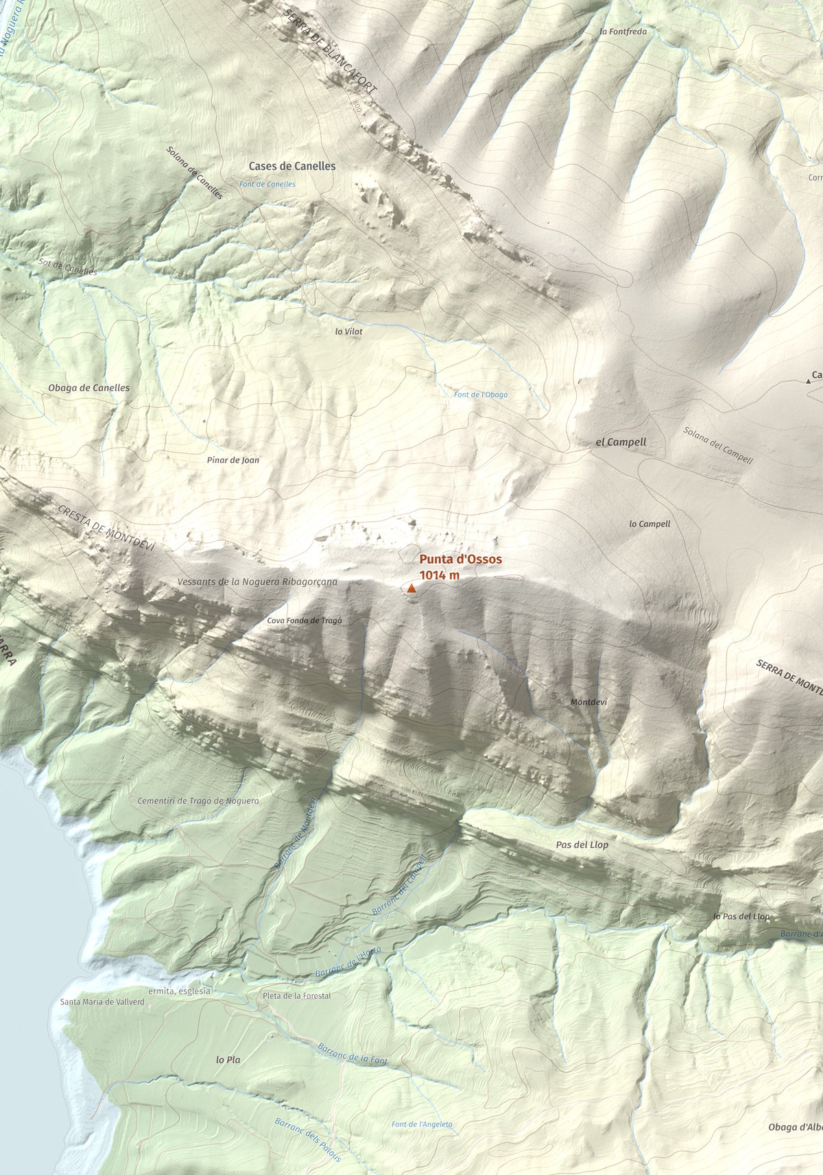Mapa de relieve de Punta d'Ossos, 1014 m, Noguera, lámina 100 Cims de Trobart. Detalle de la zona central. 70 × 100 cm.