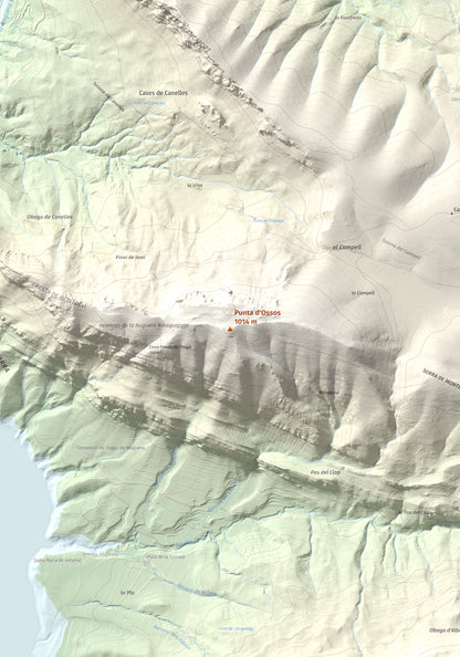 Mapa de relieve de Punta d'Ossos, 1014 m, Noguera, lámina 100 Cims de Trobart. Detalle de la zona central. 70 × 100 cm.