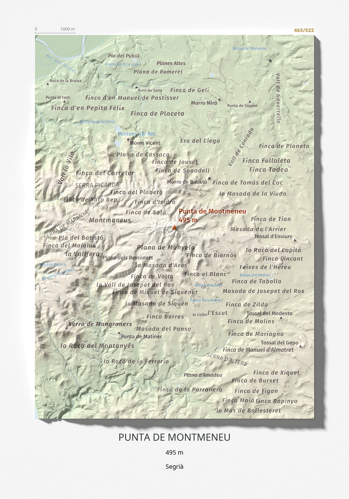 Mapa de relieve de Punta de Montmeneu, 495 m, Segrià, lámina 100 Cims de Trobart 21 × 30 cm.