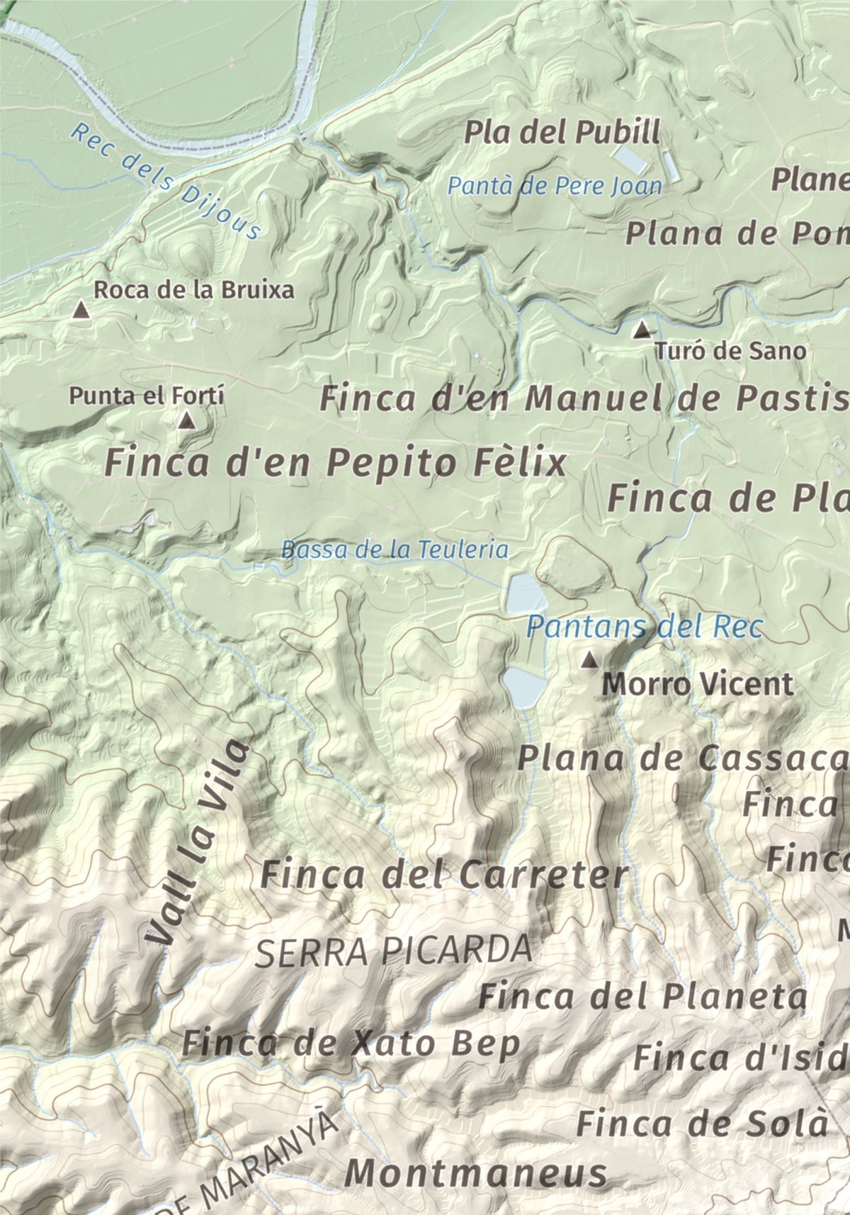 Mapa de relieve de Punta de Montmeneu, 495 m, Segrià, lámina 100 Cims de Trobart. Detalle de la zona superior izquierda. 21 × 30 cm.