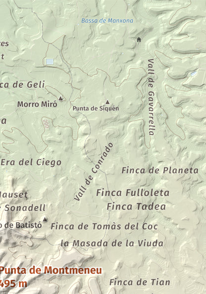 Mapa de relieve de Punta de Montmeneu, 495 m, Segrià, lámina 100 Cims de Trobart. Detalle de la zona superior derecha. 21 × 30 cm.
