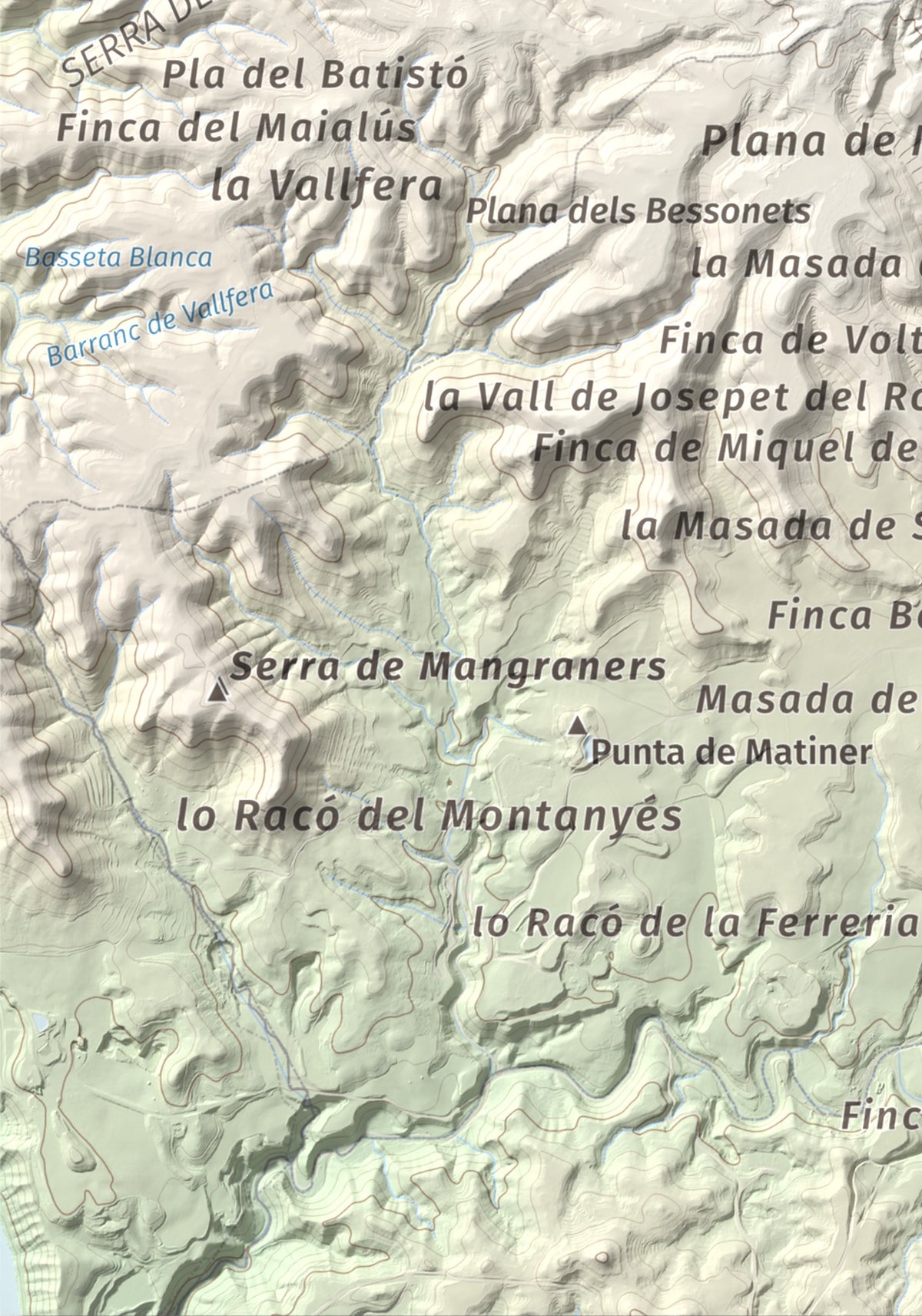 Mapa de relieve de Punta de Montmeneu, 495 m, Segrià, lámina 100 Cims de Trobart. Detalle de la zona inferior izquierda. 21 × 30 cm.