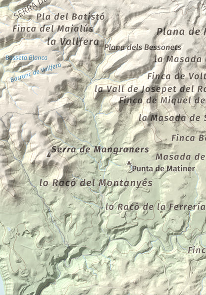 Mapa de relieve de Punta de Montmeneu, 495 m, Segrià, lámina 100 Cims de Trobart. Detalle de la zona inferior izquierda. 21 × 30 cm.