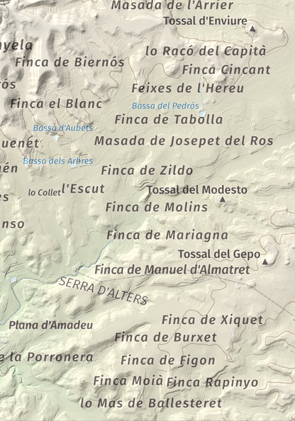 Mapa de relieve de Punta de Montmeneu, 495 m, Segrià, lámina 100 Cims de Trobart. Detalle de la zona inferior derecha. 21 × 30 cm.