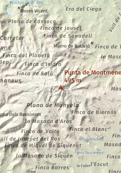 Mapa de relieve de Punta de Montmeneu, 495 m, Segrià, lámina 100 Cims de Trobart. Detalle de la zona central. 21 × 30 cm.