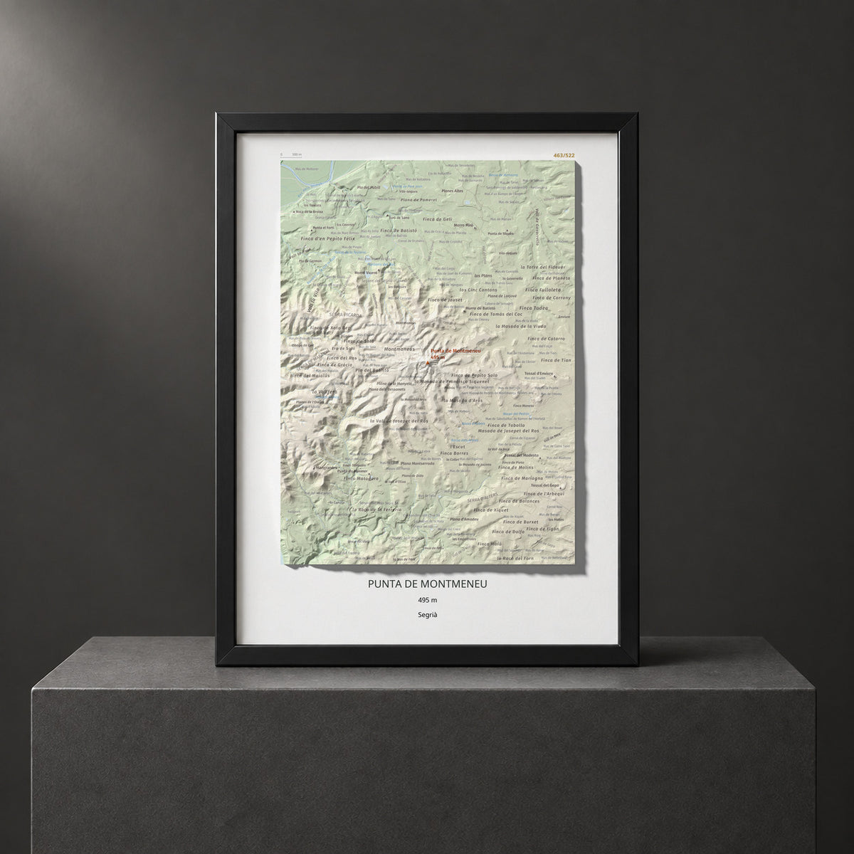 Mapa de relieve de Punta de Montmeneu, 495 m, Segrià, lámina 100 Cims de Trobart. Presentación enmarcada. 30 × 40 cm.