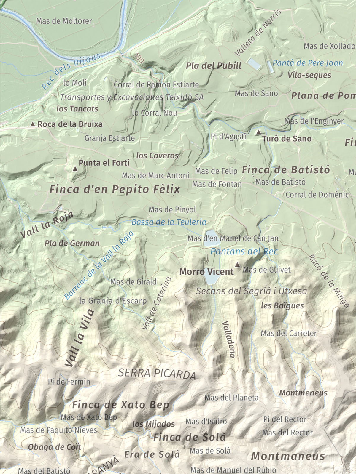 Mapa de relieve de Punta de Montmeneu, 495 m, Segrià, lámina 100 Cims de Trobart. Detalle de la zona superior izquierda. 30 × 40 cm.