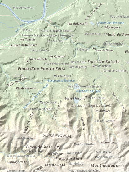 Mapa de relieve de Punta de Montmeneu, 495 m, Segrià, lámina 100 Cims de Trobart. Detalle de la zona superior izquierda. 30 × 40 cm.