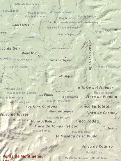Mapa de relieve de Punta de Montmeneu, 495 m, Segrià, lámina 100 Cims de Trobart. Detalle de la zona superior derecha. 30 × 40 cm.