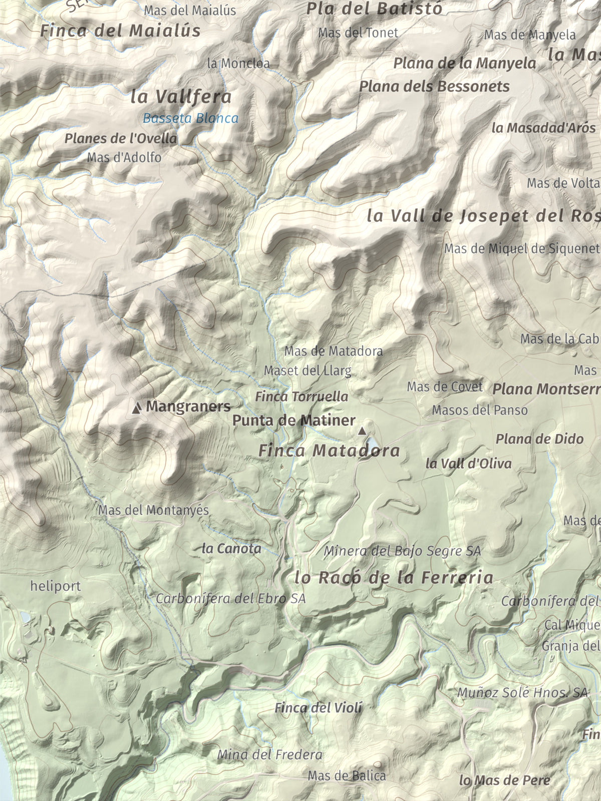 Mapa de relieve de Punta de Montmeneu, 495 m, Segrià, lámina 100 Cims de Trobart. Detalle de la zona inferior izquierda. 30 × 40 cm.