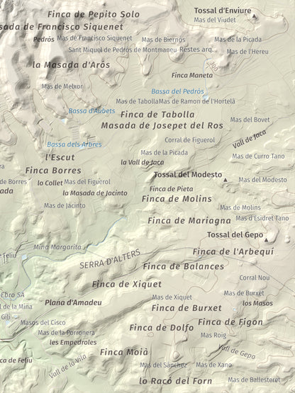 Mapa de relieve de Punta de Montmeneu, 495 m, Segrià, lámina 100 Cims de Trobart. Detalle de la zona inferior derecha. 30 × 40 cm.
