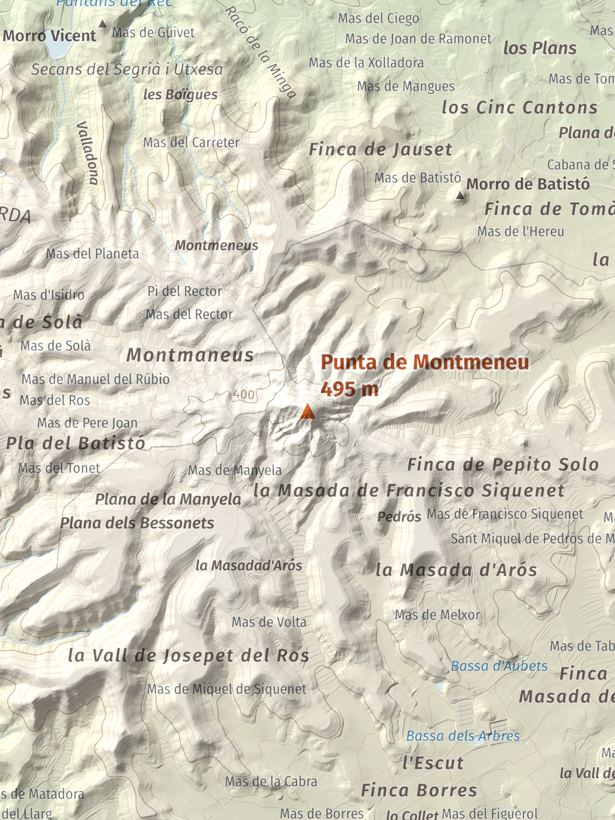 Mapa de relieve de Punta de Montmeneu, 495 m, Segrià, lámina 100 Cims de Trobart. Detalle de la zona central. 30 × 40 cm.