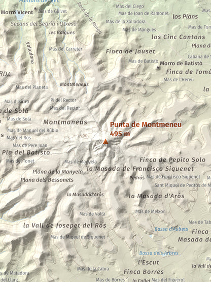 Mapa de relieve de Punta de Montmeneu, 495 m, Segrià, lámina 100 Cims de Trobart. Detalle de la zona central. 30 × 40 cm.