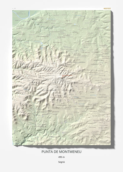 Mapa de relieve de Punta de Montmeneu, 495 m, Segrià, lámina 100 Cims de Trobart 50 × 70 cm.