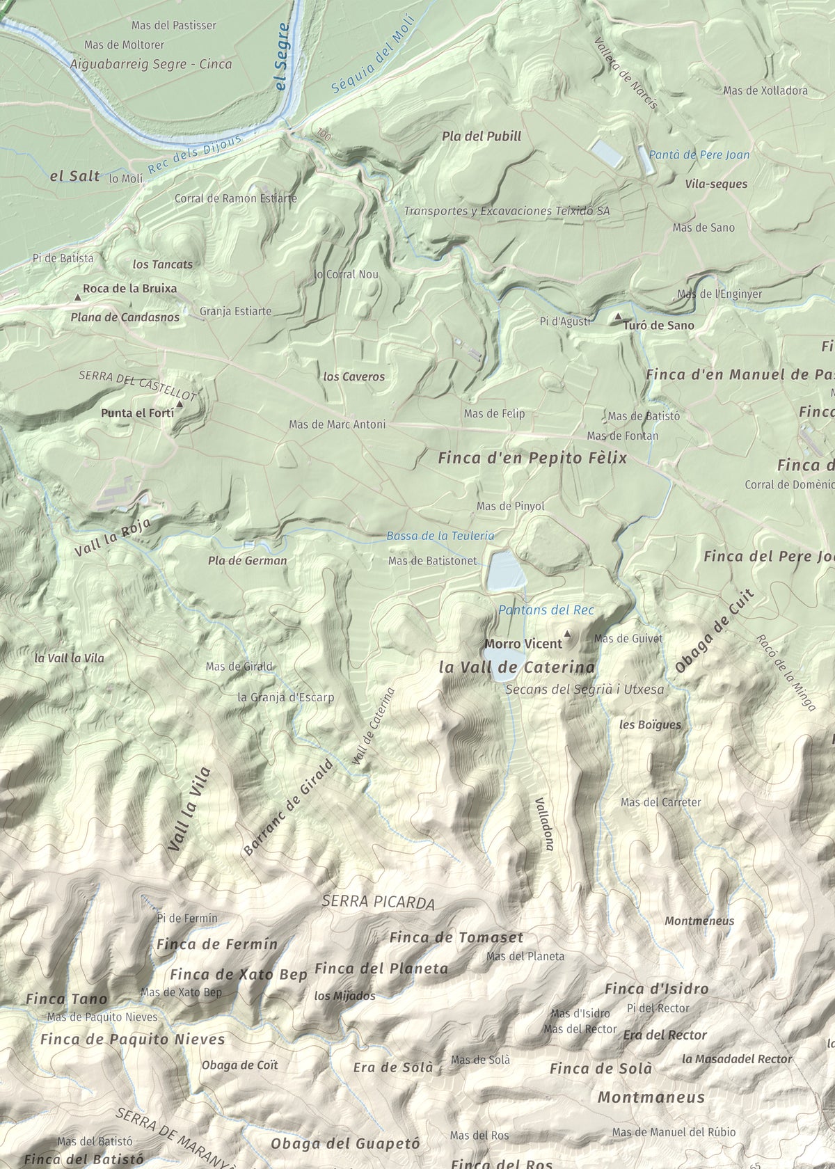 Mapa de relieve de Punta de Montmeneu, 495 m, Segrià, lámina 100 Cims de Trobart. Detalle de la zona superior izquierda. 50 × 70 cm.