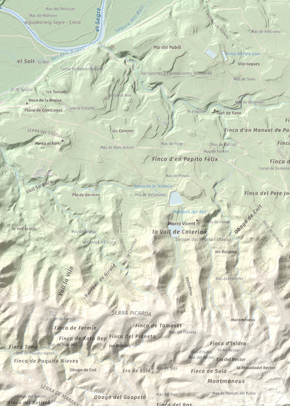 Mapa de relieve de Punta de Montmeneu, 495 m, Segrià, lámina 100 Cims de Trobart. Detalle de la zona superior izquierda. 50 × 70 cm.
