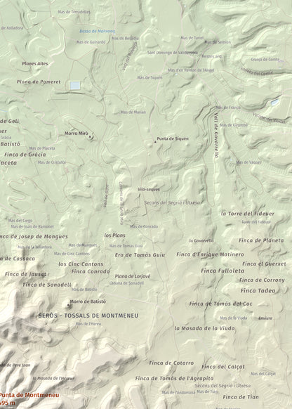 Mapa de relieve de Punta de Montmeneu, 495 m, Segrià, lámina 100 Cims de Trobart. Detalle de la zona superior derecha. 50 × 70 cm.