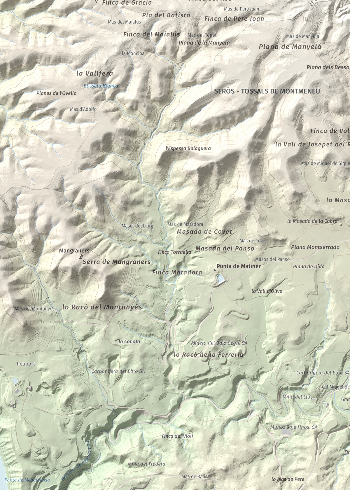Mapa de relieve de Punta de Montmeneu, 495 m, Segrià, lámina 100 Cims de Trobart. Detalle de la zona inferior izquierda. 50 × 70 cm.