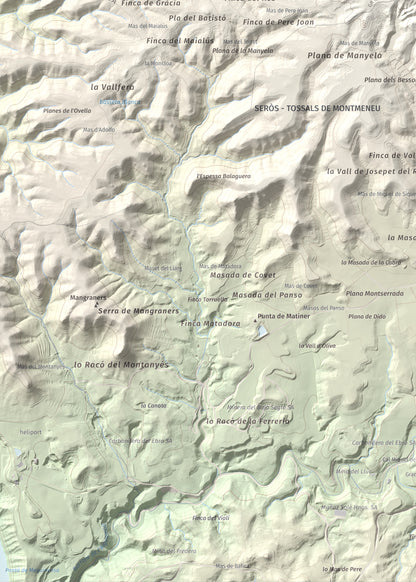 Mapa de relieve de Punta de Montmeneu, 495 m, Segrià, lámina 100 Cims de Trobart. Detalle de la zona inferior izquierda. 50 × 70 cm.