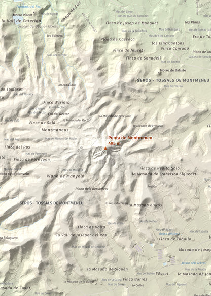 Mapa de relieve de Punta de Montmeneu, 495 m, Segrià, lámina 100 Cims de Trobart. Detalle de la zona central. 50 × 70 cm.