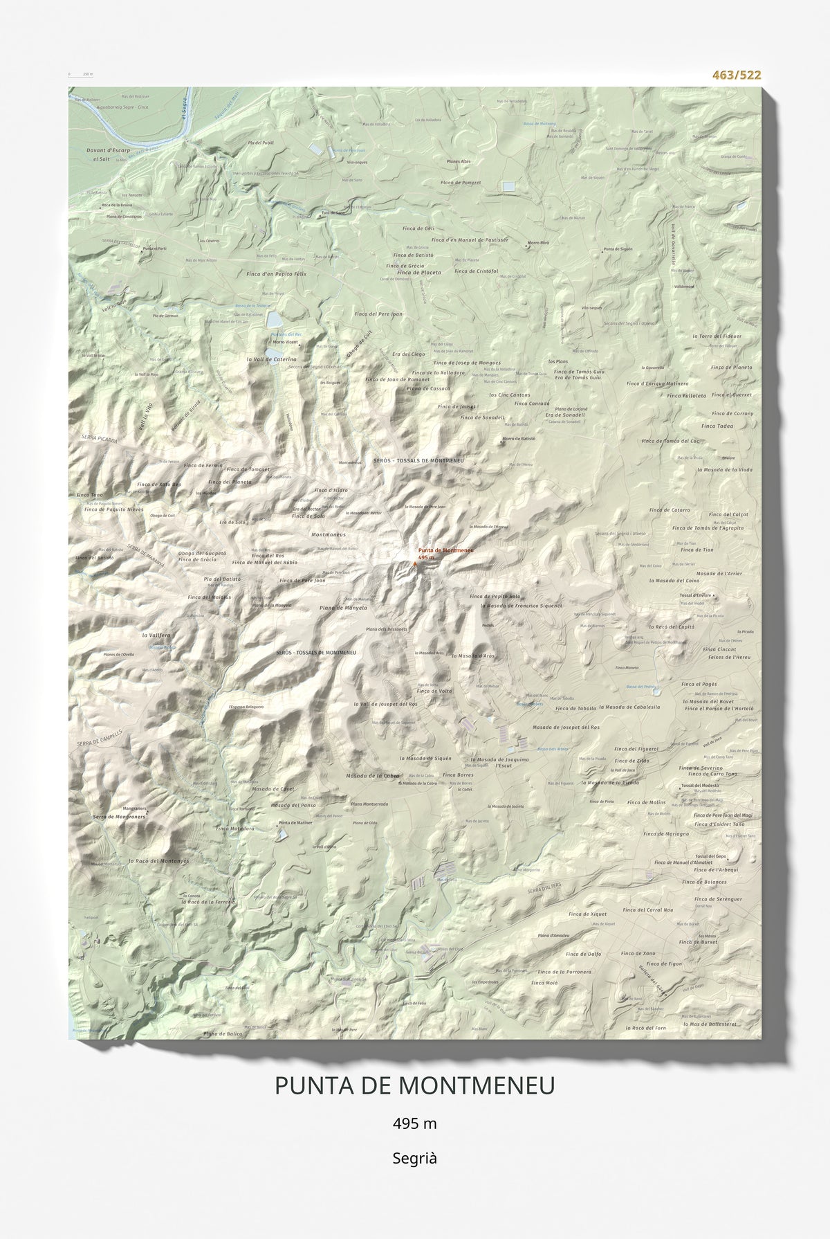 Mapa de relieve de Punta de Montmeneu, 495 m, Segrià, lámina 100 Cims de Trobart 61 × 91 cm.