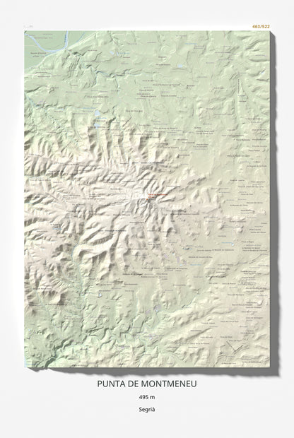 Mapa de relieve de Punta de Montmeneu, 495 m, Segrià, lámina 100 Cims de Trobart 61 × 91 cm.