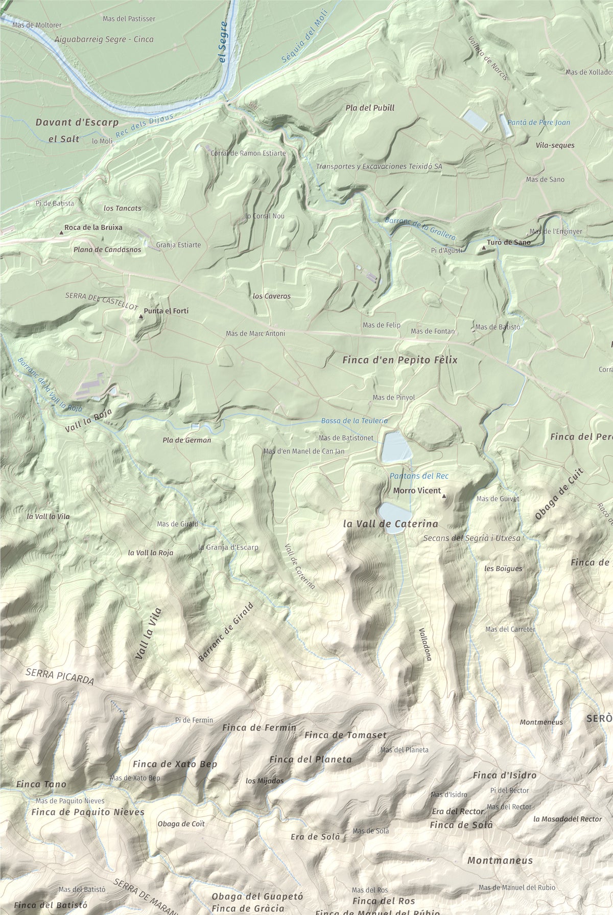 Mapa de relieve de Punta de Montmeneu, 495 m, Segrià, lámina 100 Cims de Trobart. Detalle de la zona superior izquierda. 61 × 91 cm.