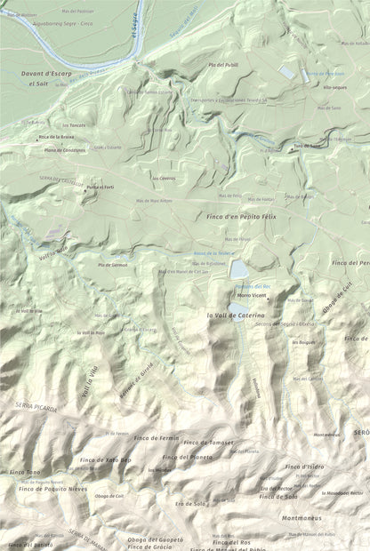 Mapa de relieve de Punta de Montmeneu, 495 m, Segrià, lámina 100 Cims de Trobart. Detalle de la zona superior izquierda. 61 × 91 cm.