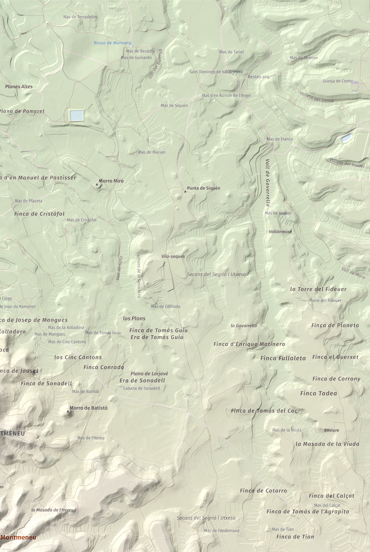 Mapa de relieve de Punta de Montmeneu, 495 m, Segrià, lámina 100 Cims de Trobart. Detalle de la zona superior derecha. 61 × 91 cm.