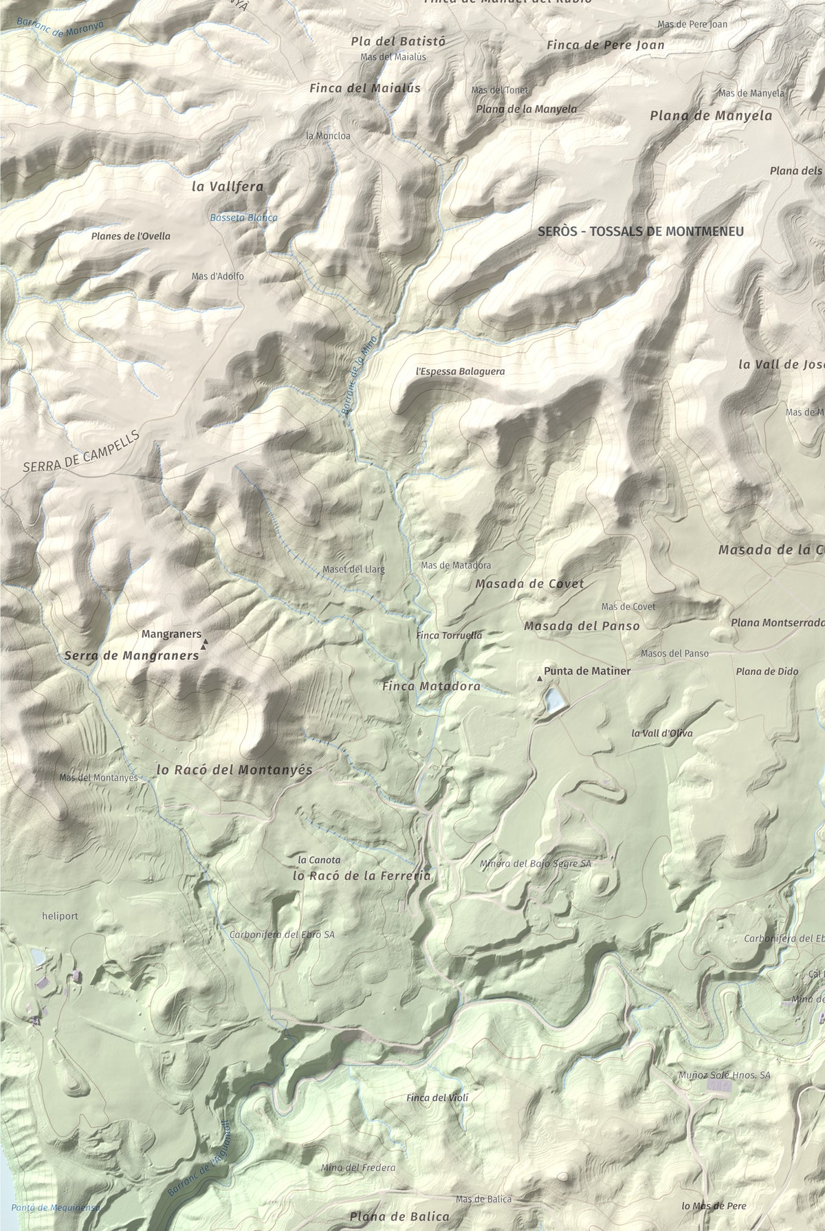 Mapa de relieve de Punta de Montmeneu, 495 m, Segrià, lámina 100 Cims de Trobart. Detalle de la zona inferior izquierda. 61 × 91 cm.