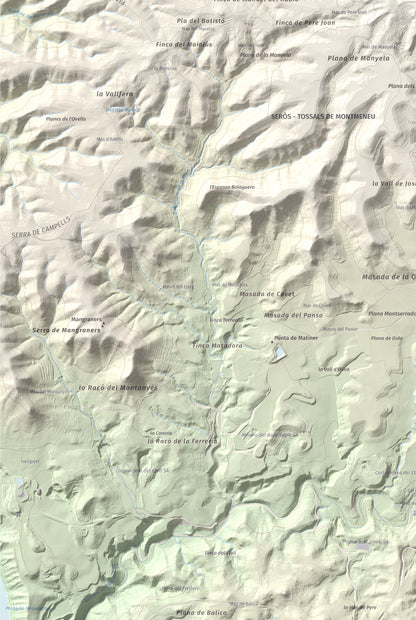 Mapa de relieve de Punta de Montmeneu, 495 m, Segrià, lámina 100 Cims de Trobart. Detalle de la zona inferior izquierda. 61 × 91 cm.