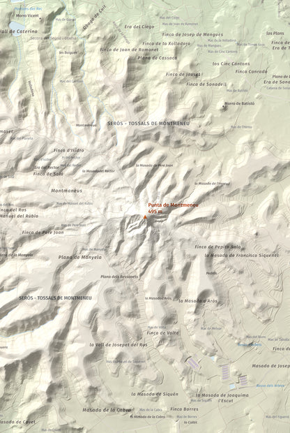 Mapa de relieve de Punta de Montmeneu, 495 m, Segrià, lámina 100 Cims de Trobart. Detalle de la zona central. 61 × 91 cm.