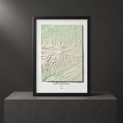 Mapa de relieve de Punta de Montmeneu, 495 m, Segrià, lámina 100 Cims de Trobart. Presentación enmarcada. 70 × 100 cm.